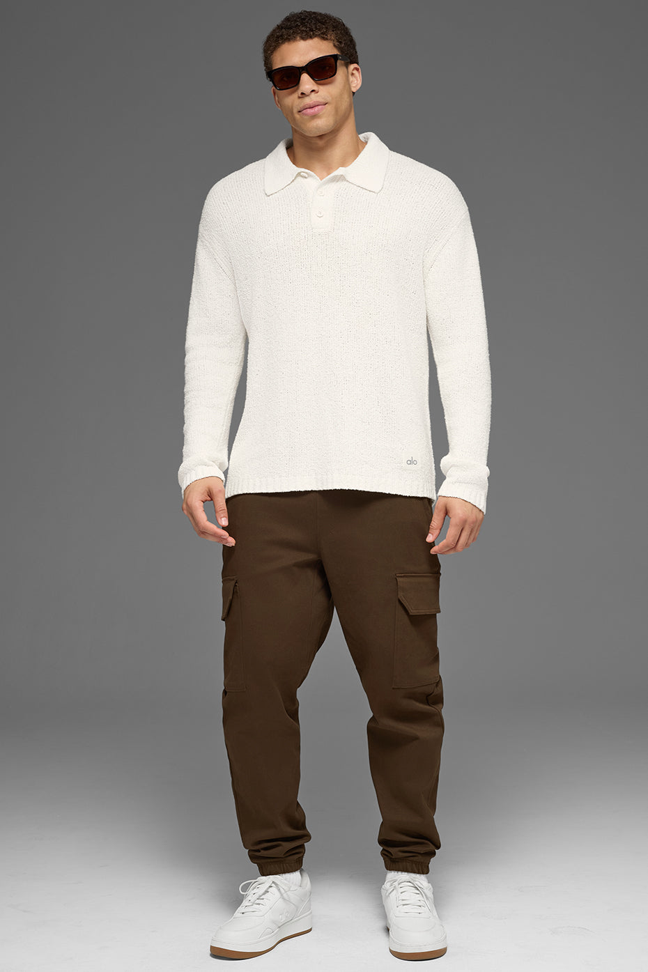 Textured Knit Long Sleeve Polo - Ivory - Image 5