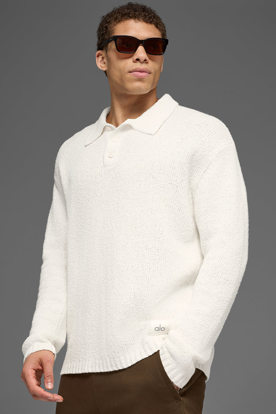 Textured Knit Long Sleeve Polo - Ivory - Image 4
