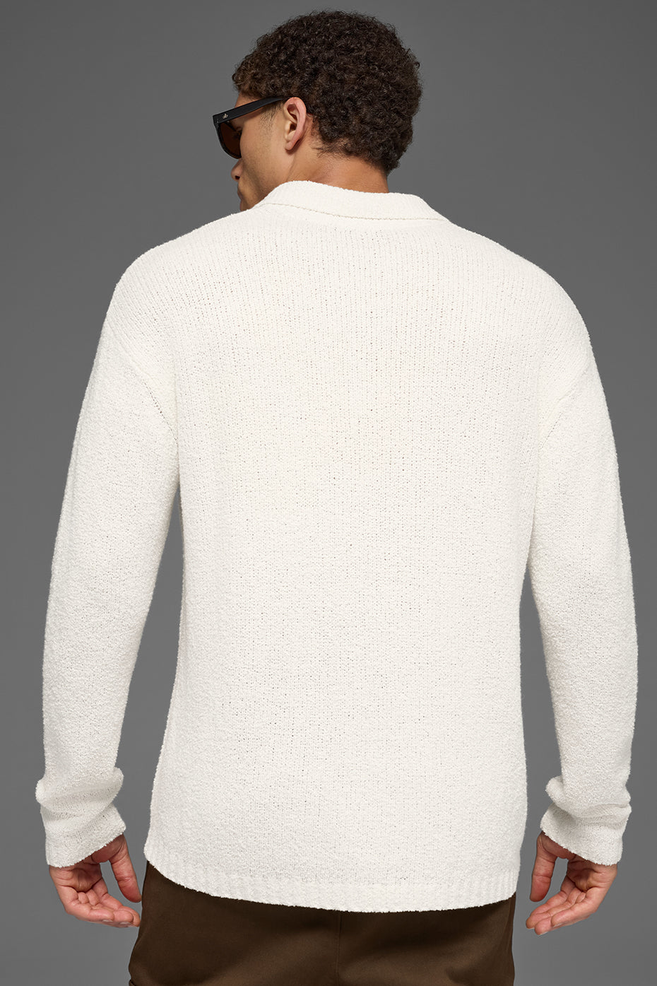 Textured Knit Long Sleeve Polo - Ivory - Image 3