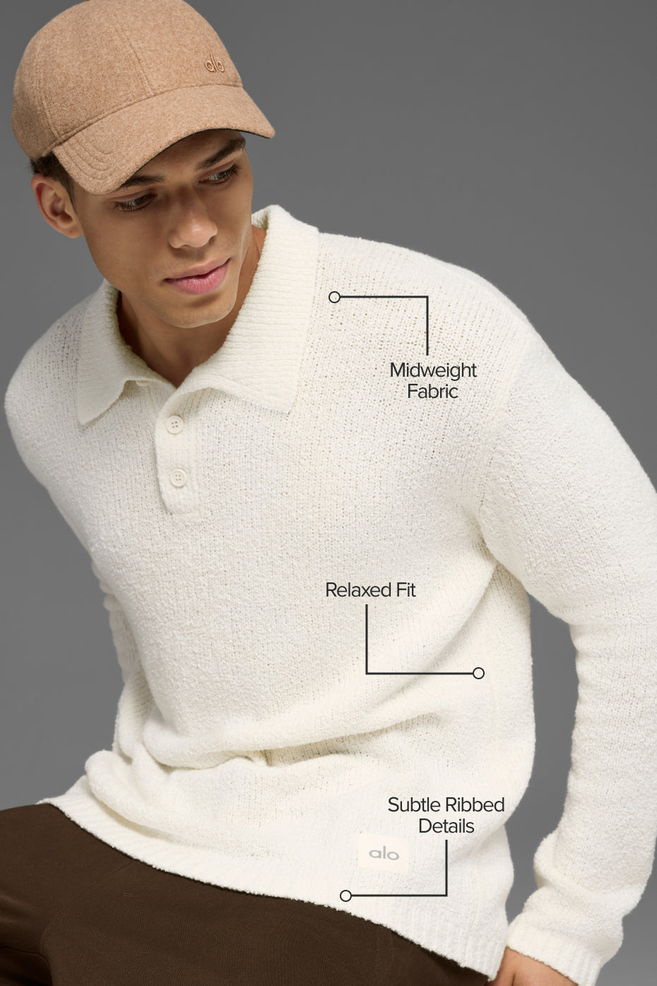 Textured Knit Long Sleeve Polo - Ivory - Image 2