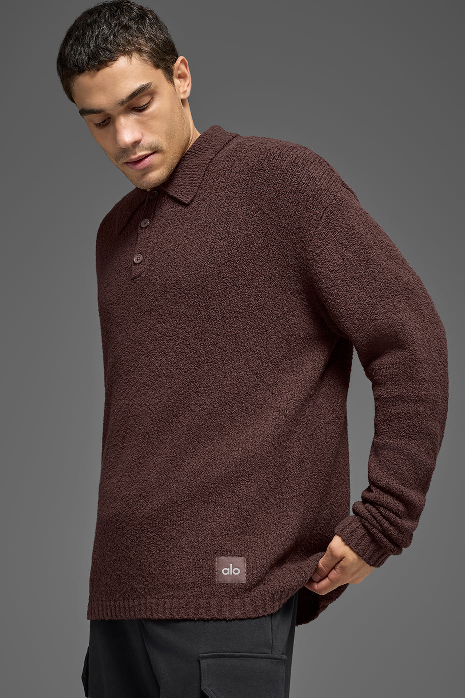 Textured Knit Long Sleeve Polo - Brownstone - Image 3