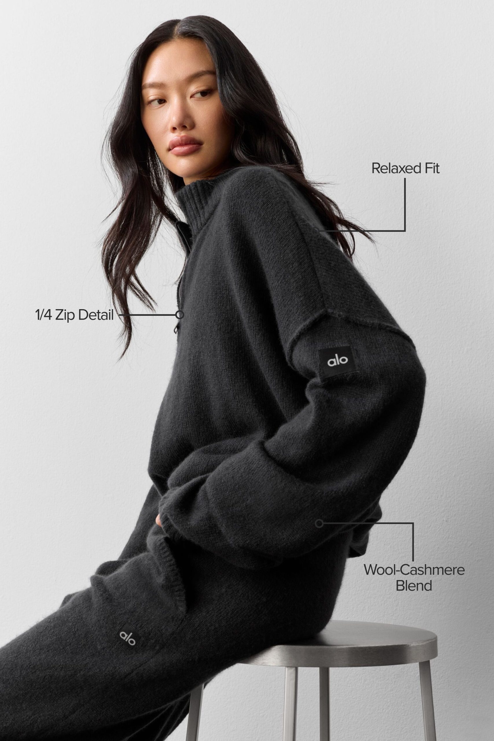 Wool Cashmere New Class 1/4 Zip Pullover - Black - Image 2