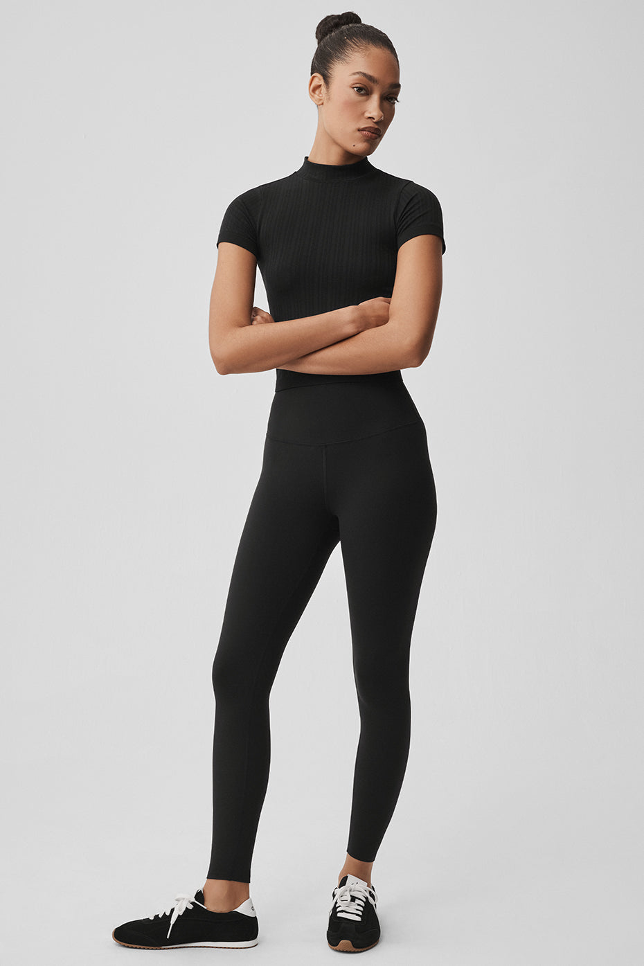 Seamless Pointelle Mock Neck Short Sleeve - Black - Image 5