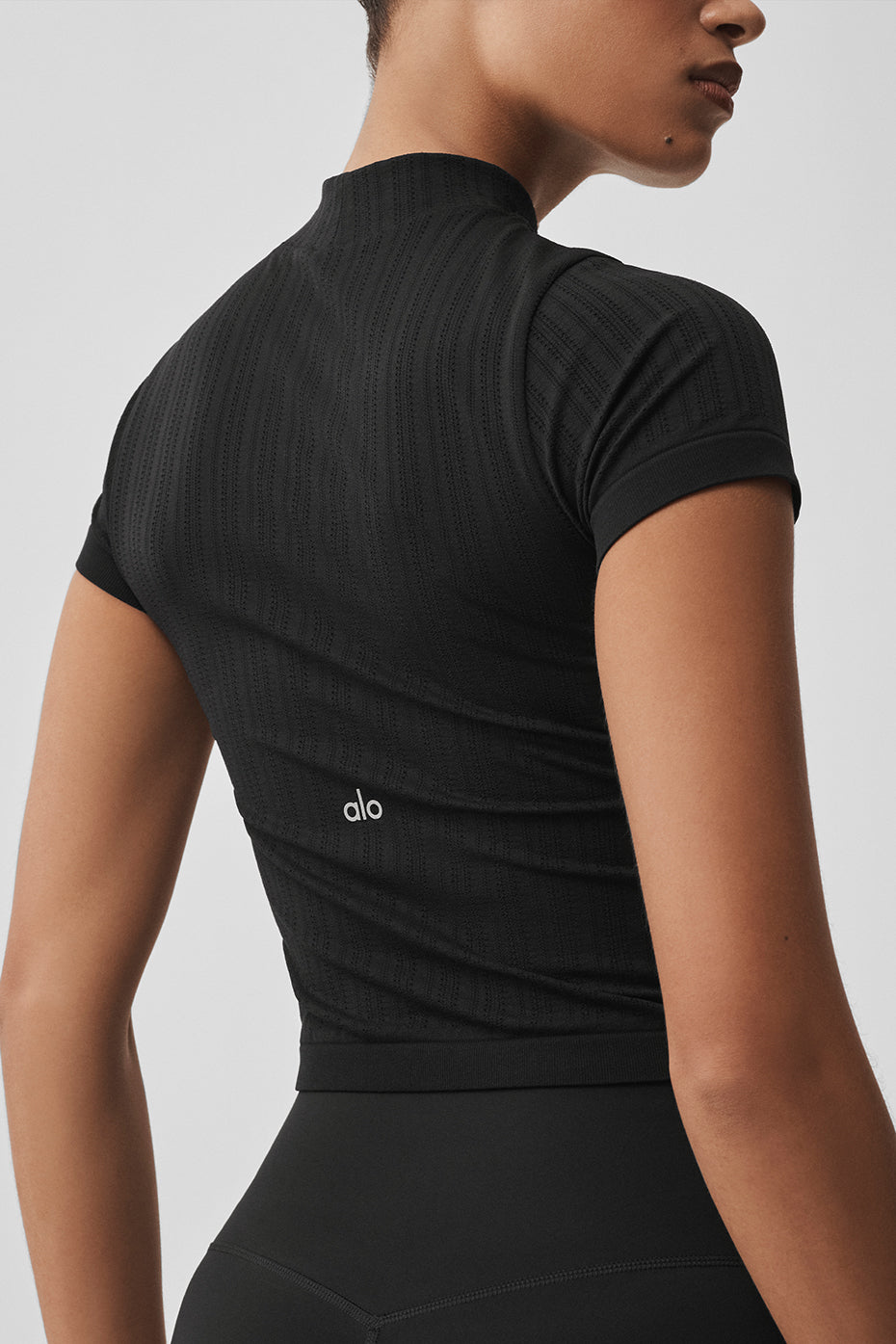 Seamless Pointelle Mock Neck Short Sleeve - Black - Image 4