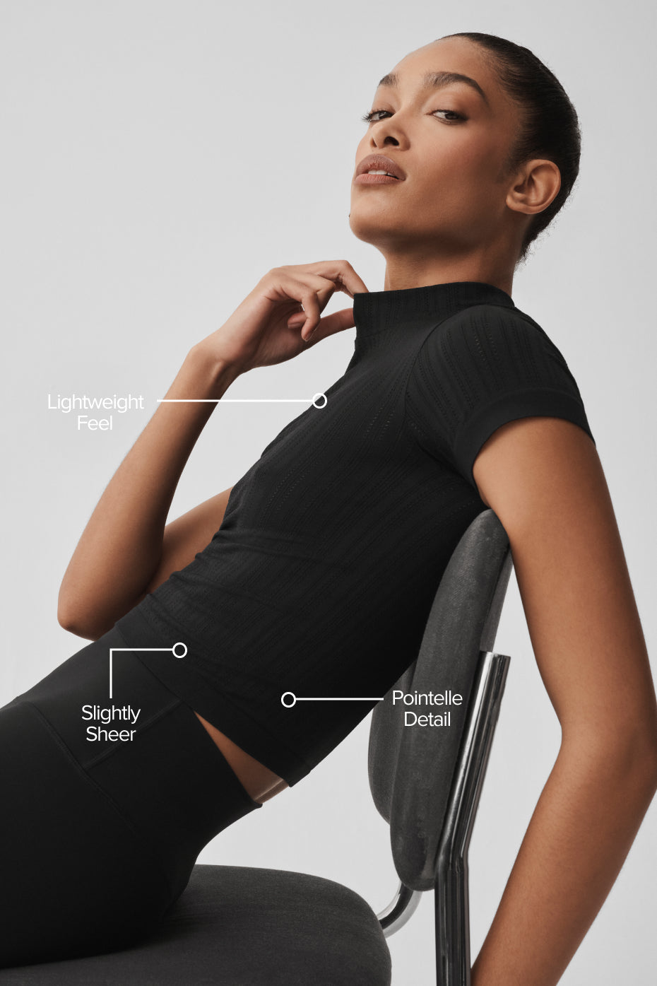 Seamless Pointelle Mock Neck Short Sleeve - Black - Image 2