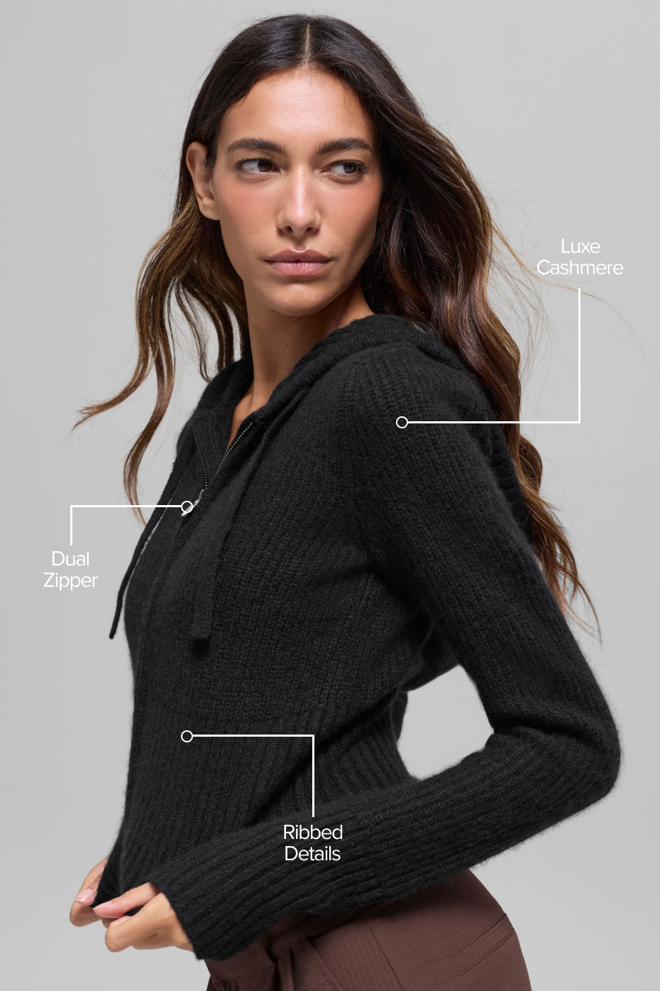 Wool Cashmere Ribbed Noble Full Zip Hoodie - Black - Image 2