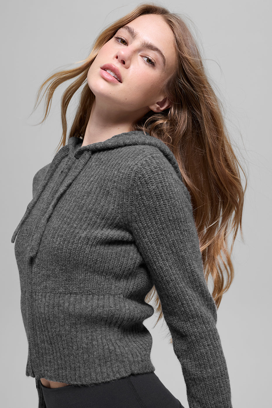 Wool Cashmere Ribbed Noble Full Zip Hoodie - Platinum Grey - Image 3