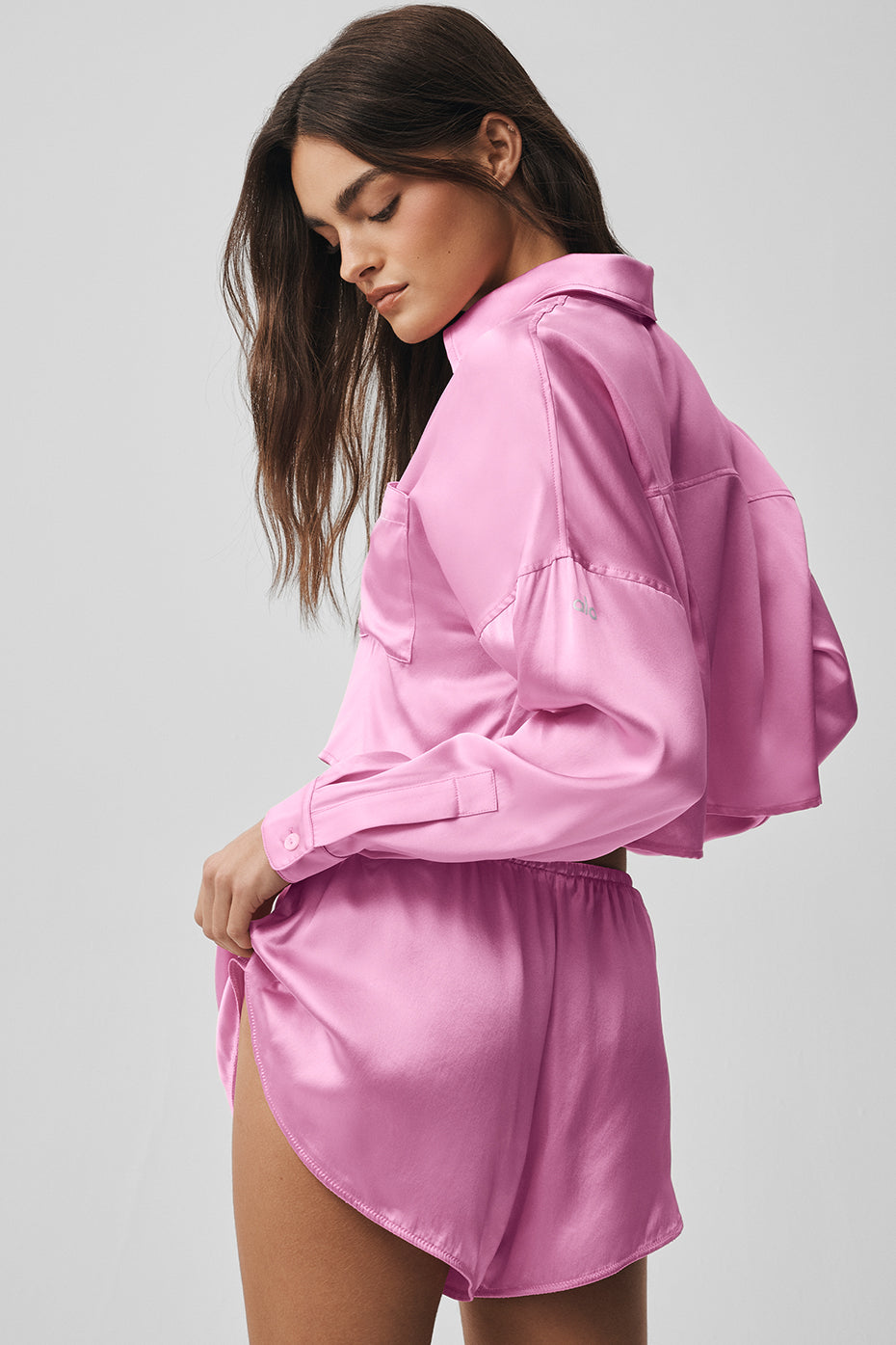 Silk Luminous Cropped Button Down Long Sleeve - Candy Heart Pink - Image 2