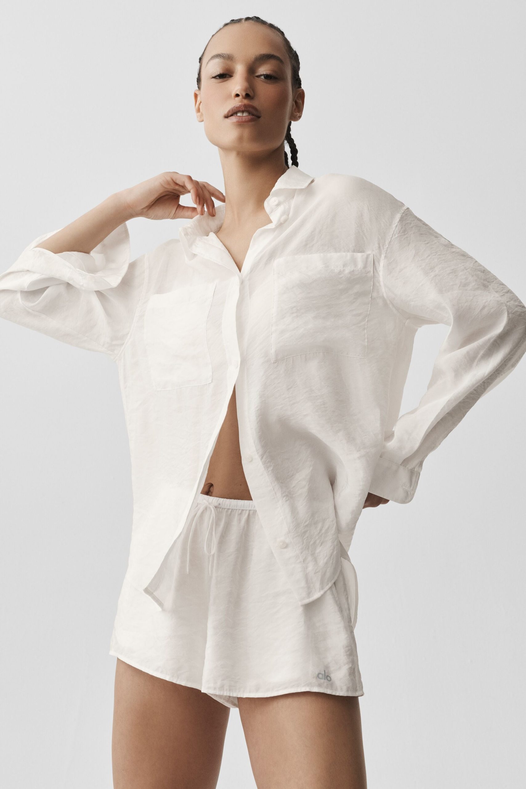 Semi-Sheer Golden Hour Button Down Long Sleeve - Ivory - Image 3