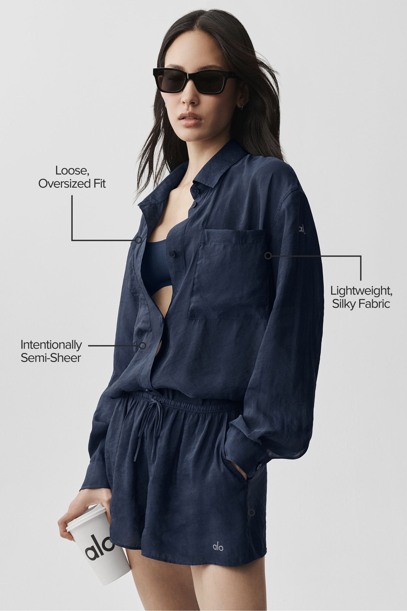 Semi-Sheer Golden Hour Button Down Long Sleeve - Navy - Image 2