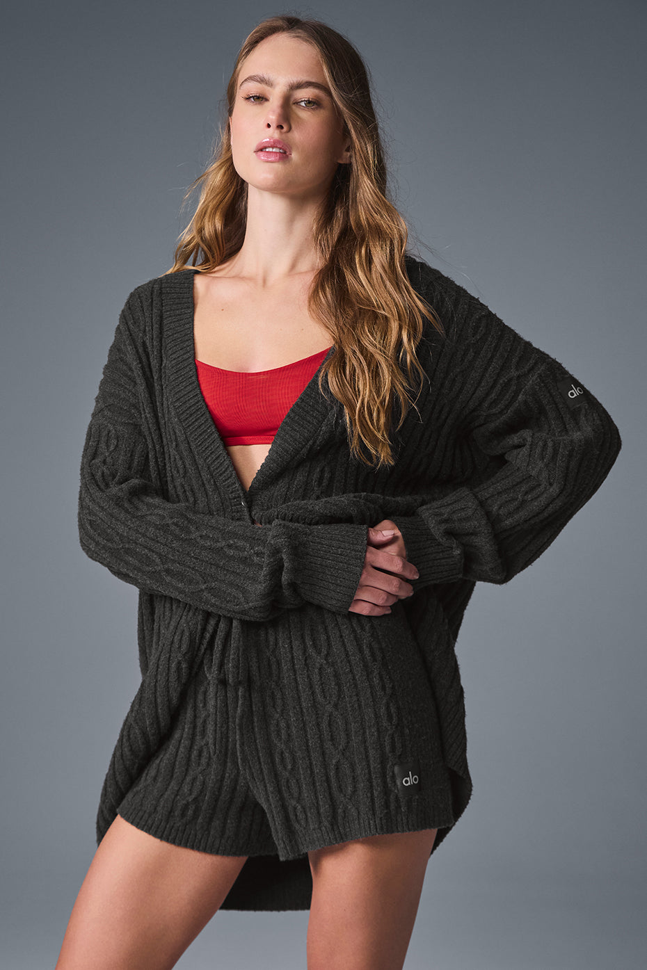 Cable Knit Winter Bliss Cardigan - Dark Heather Grey - Image 3