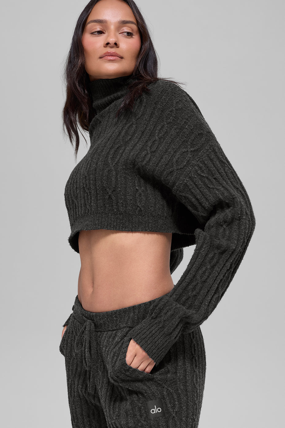 Cable Knit Cropped Winter Bliss Turtleneck Long Sleeve - Dark Heather Grey - Image 4