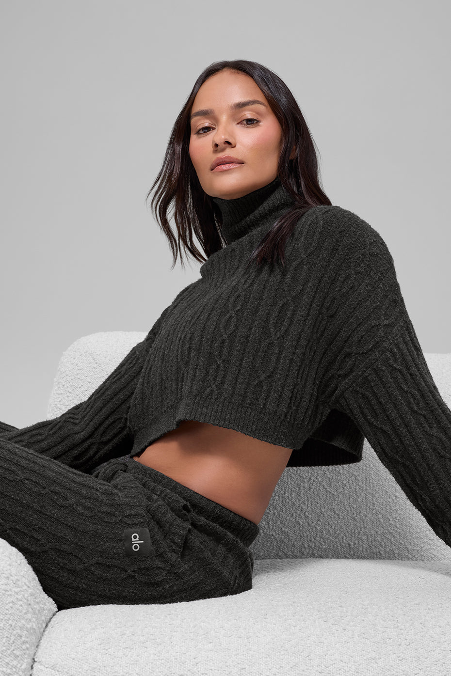 Cable Knit Cropped Winter Bliss Turtleneck Long Sleeve - Dark Heather Grey - Image 5