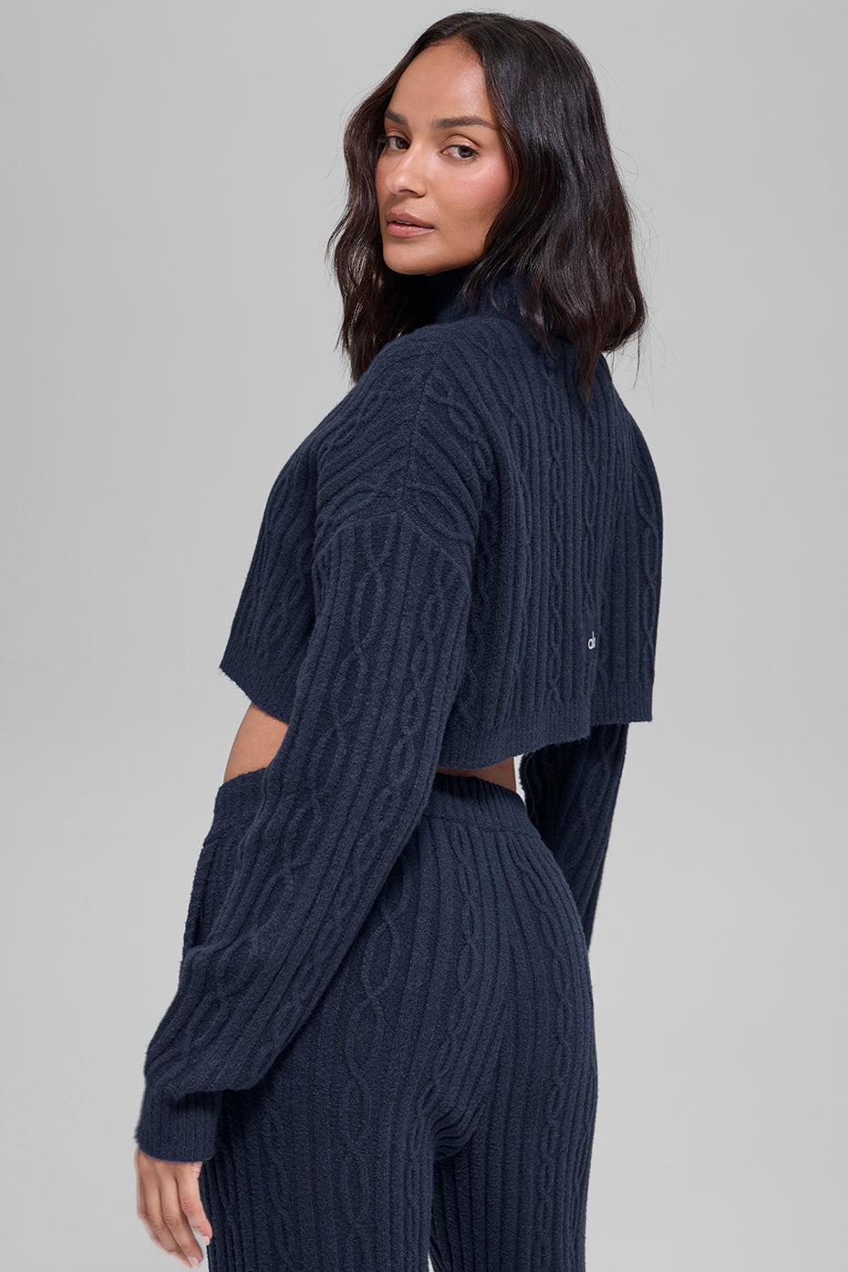 Cable Knit Cropped Winter Bliss Turtleneck Long Sleeve - Navy - Image 4