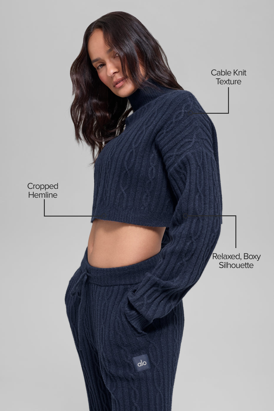 Cable Knit Cropped Winter Bliss Turtleneck Long Sleeve - Navy - Image 2