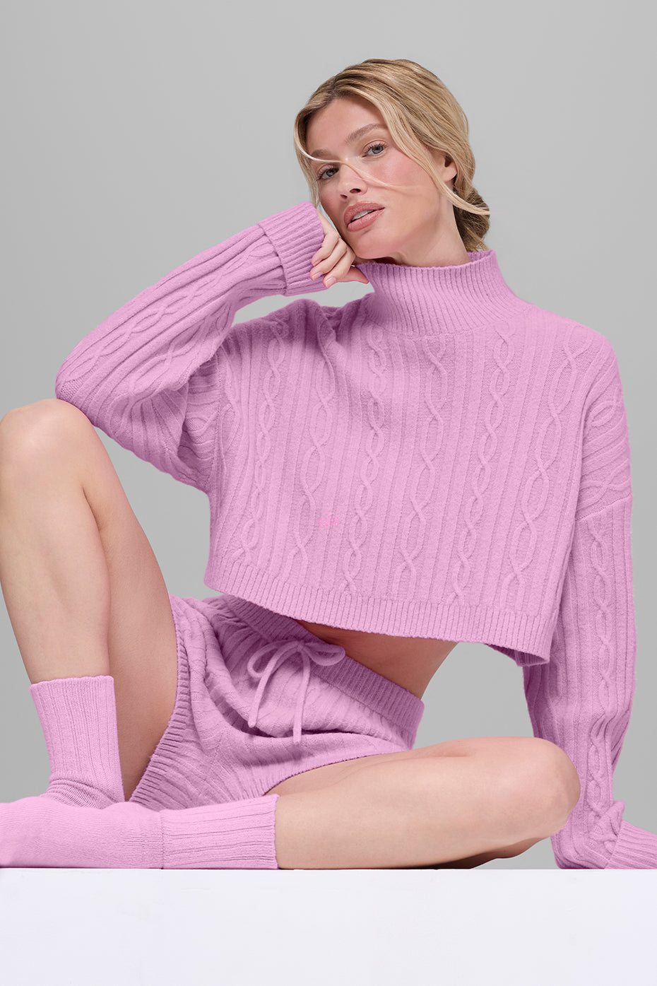 Cable Knit Cropped Winter Bliss Turtleneck Long Sleeve - Candy Heart Pink - Image 5
