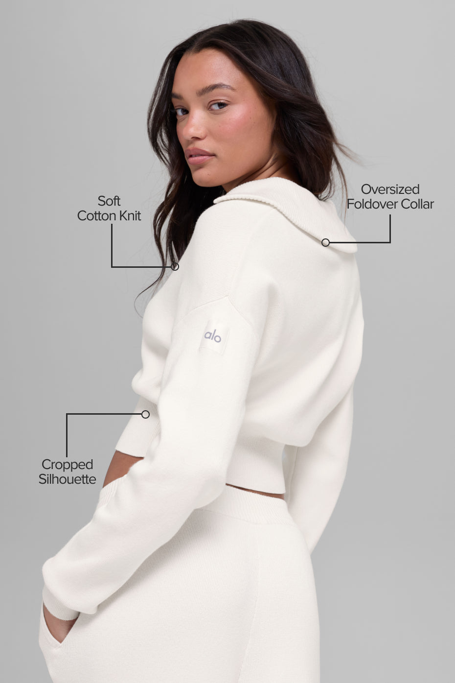 Scholar Knit Cropped Full Zip Jacket - Ivory - Image 2