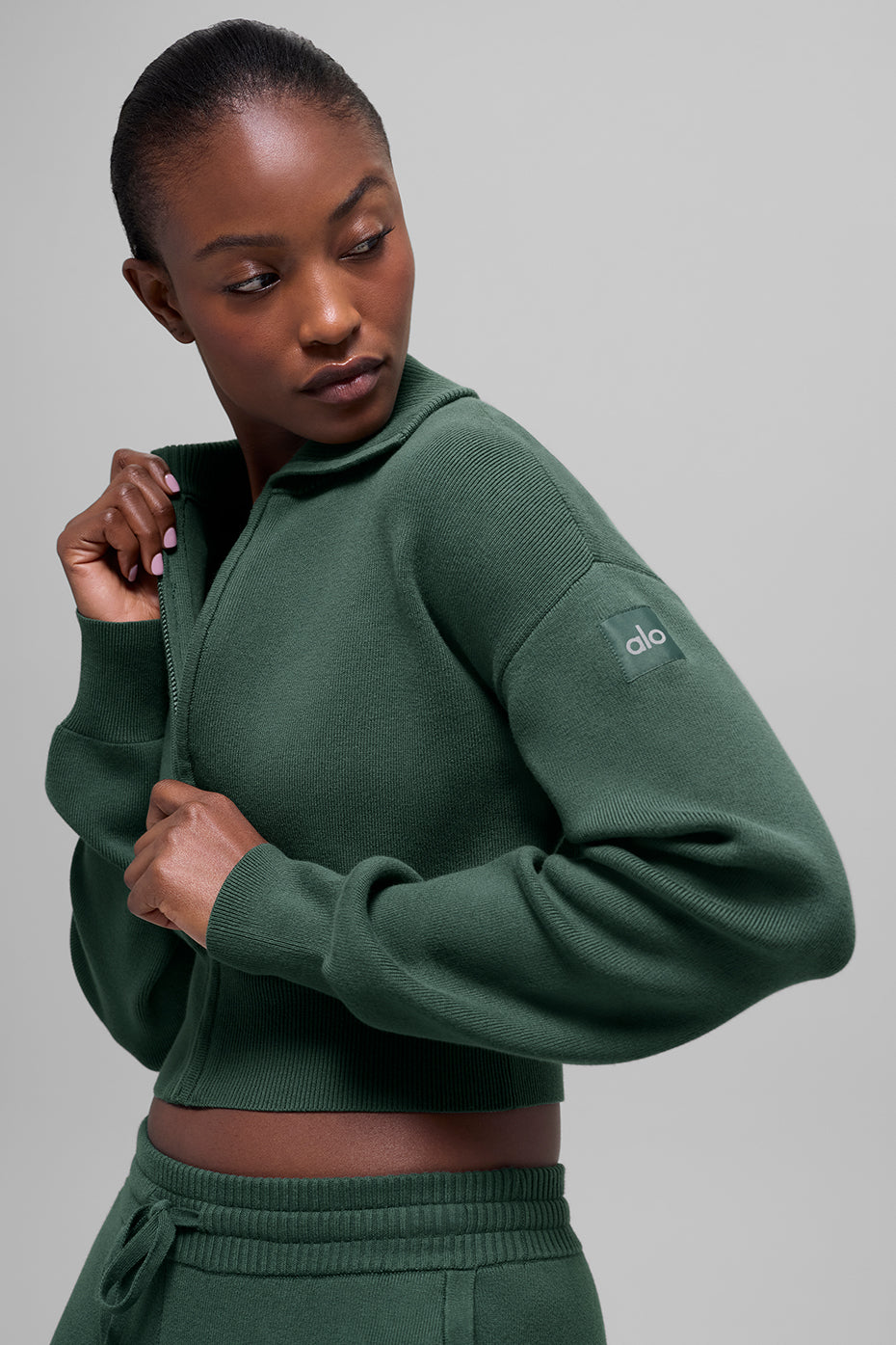 Scholar Knit Cropped Full Zip Jacket - Clover Green - Image 3