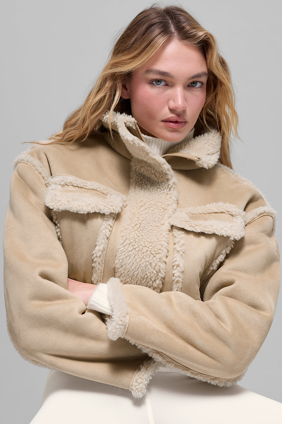 Faux Shearling Snowfall Cropped Jacket - Woodland Tan - Image 4