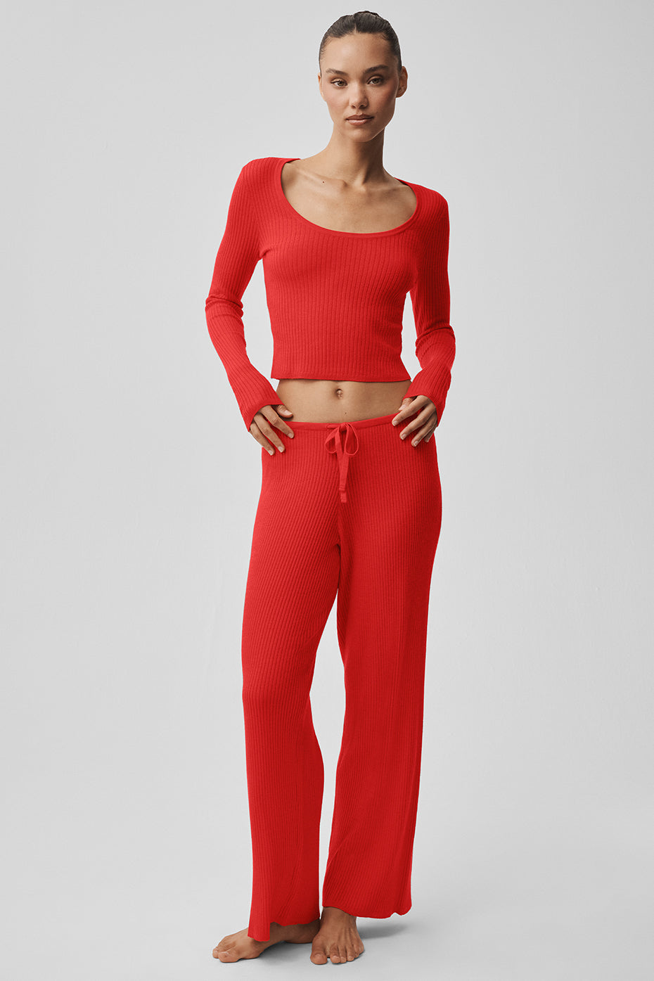 Sweater Knit Mid-Rise Unwind Wide Leg Pant - Bright Red - Image 6